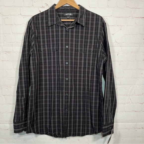 Apt.9 Modern Fit Black Tie Button Front Plaid Shirt Mens Large Black New - Picture 1 of 10